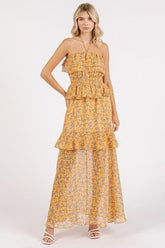 Mittoshop Ruffled Smocked Floral Halter Neck Maxi Dress Tangerine OutfitFlow